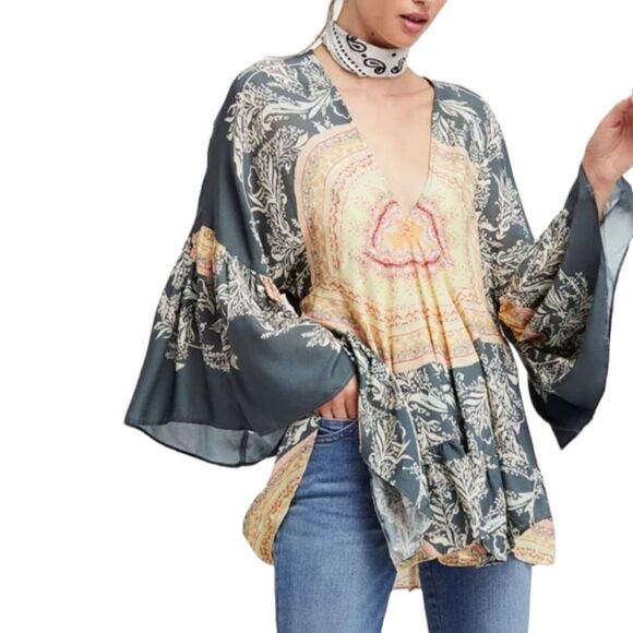 Free People Peasant Blouse Sunset Dream in Black Combo Tunic sz S - Picture 12 of 13